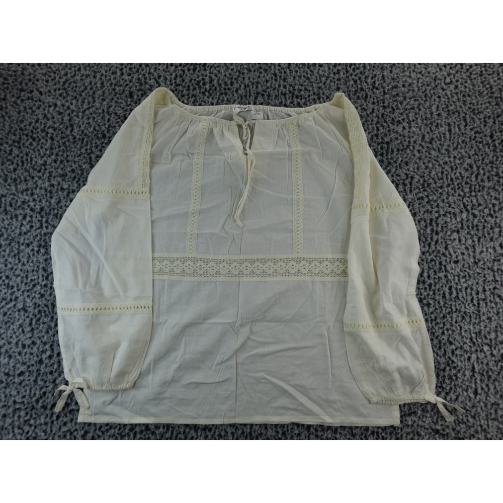 Claudia Richard Embroidered Tie Front Crochet Beige Bell Sleeve Blouse Top Sz L